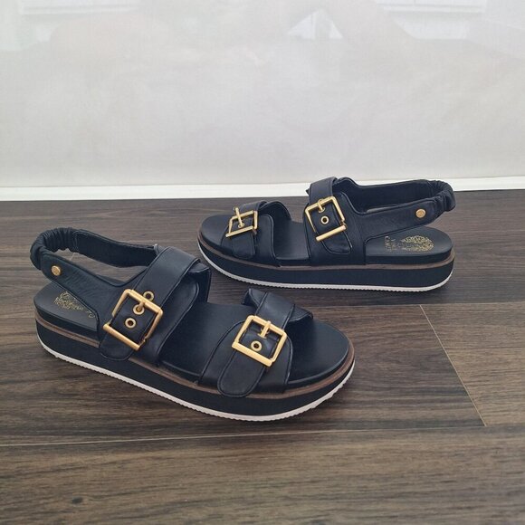 💙 Vince Camuto Anivay Leather Platform Sandals Size 11 Black Gold - Picture 8 of 8